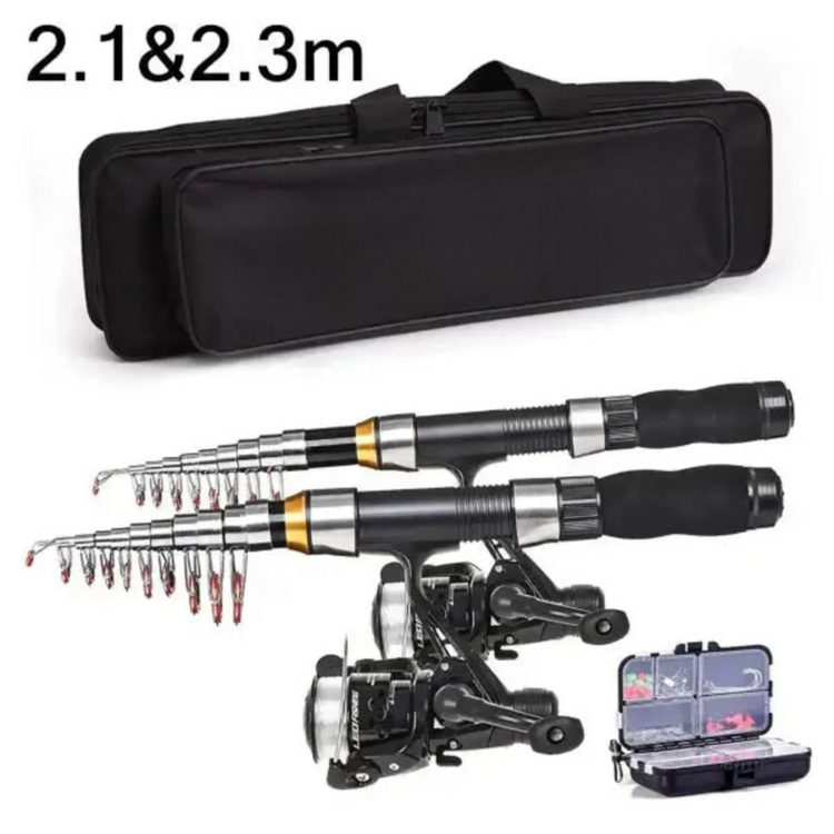 Fishing rod and reel set with black carrying case on a white background