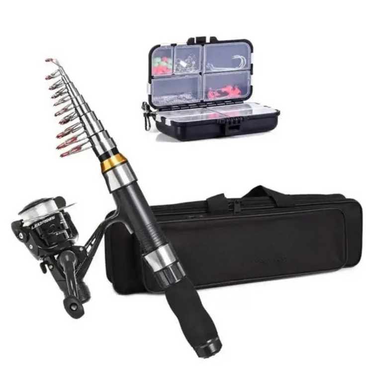Fishing rod with reel and tackle box on a white background