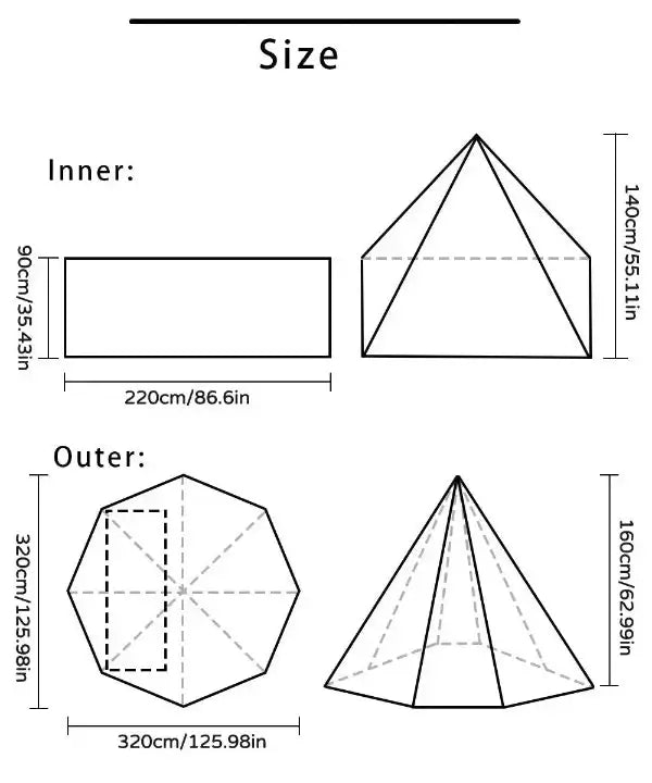 Dimensions and layout of Tipi Pyramid Hot Tent Bushcraft 1 Person, including inner and outer measurements: 320cm x 160cm x 140cm.