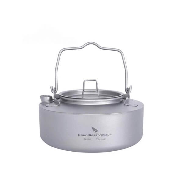 Boundless Voyage 700ml titanium camping kettle for outdoor cooking equipment and campfire cooking. Ultra-durable camping kitchen gear.
