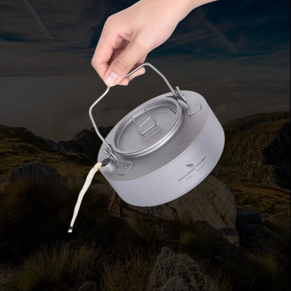 Ultra-durable Boundless Voyage titanium camping kettle for camping kitchen equipment and outdoor cooking equipment.