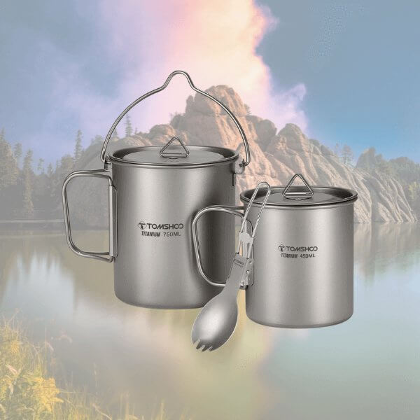 TOMSHOO titanium cookware set with spork, ideal for camping and backpacking. Includes 750ml pot and 450ml cup. Lightweight and efficient.