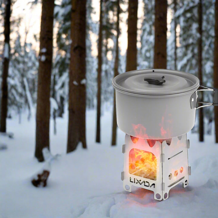 Titanium ultralight folding wood stove in use with pot on top, against a campfire background. Ideal for camping, backpacking, and hot tents.