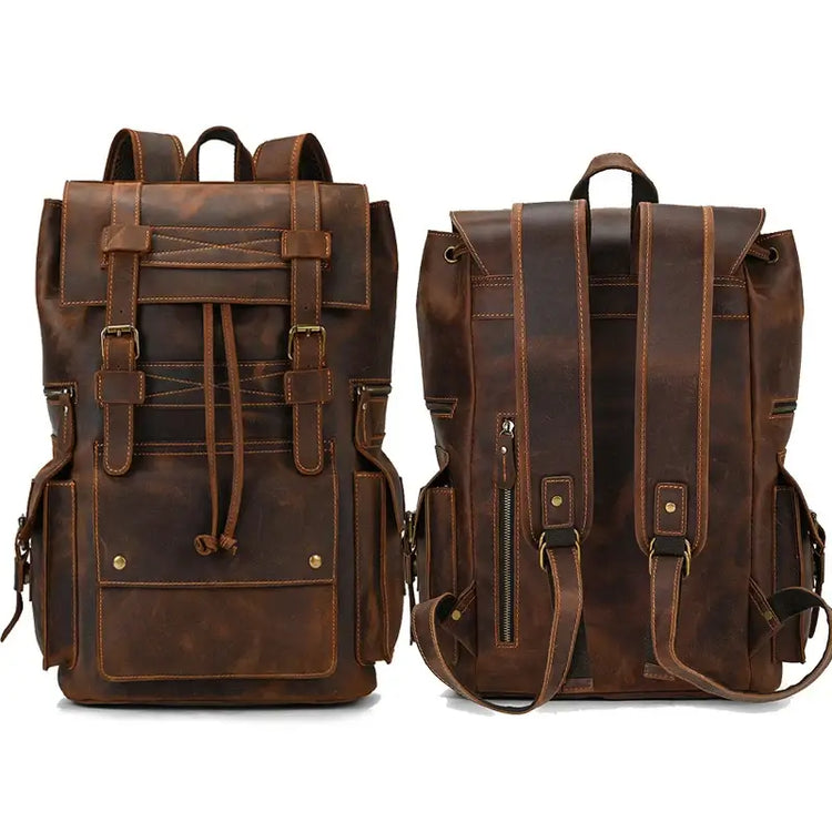Brown leather backpack suitable for hiking, school, or work, displayed in front and rear perspectives.