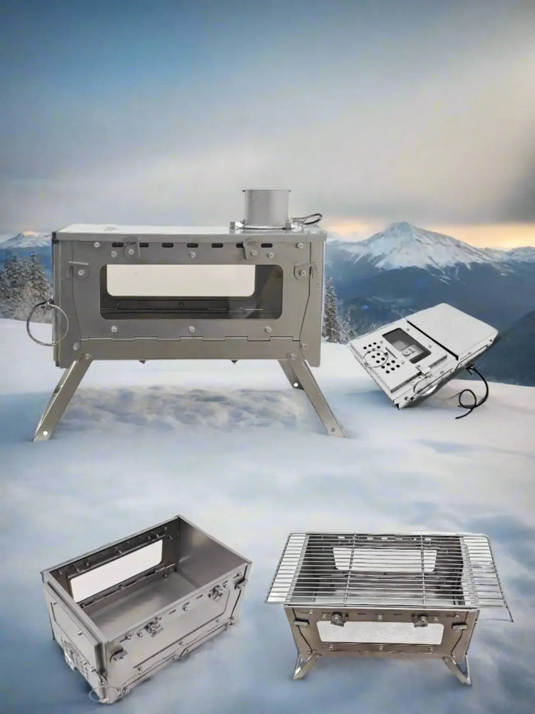 "Image of a stainless still wood stove for tents, showing assembled, grill, and folded configurations against a snowy mountain background, highlighting its versatility and portability."