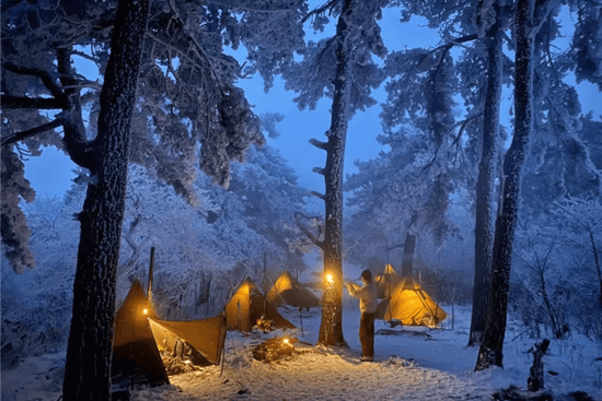 Snowy forest scene with illuminated tipi hot tents and a person enjoying the outdoors at night.