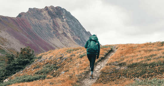 Hiker with a green backpack ascending a mountain trail surrounded by autumn foliage.