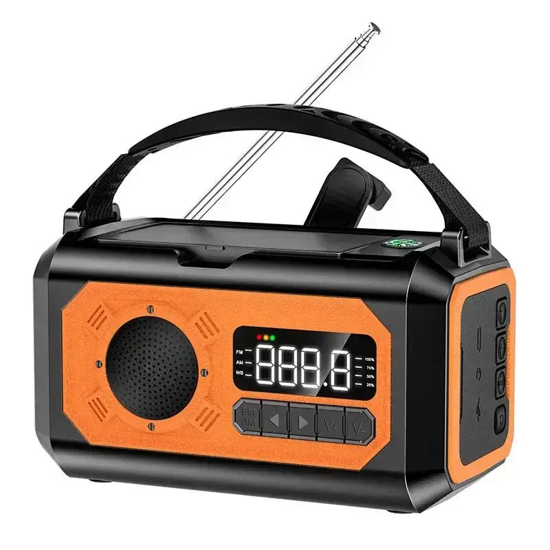 Orange radio with antenna, solar, electric, and hand crank charging, holding strap, white background.