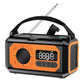 Orange radio with antenna, solar, electric, and hand crank charging, holding strap, white background.