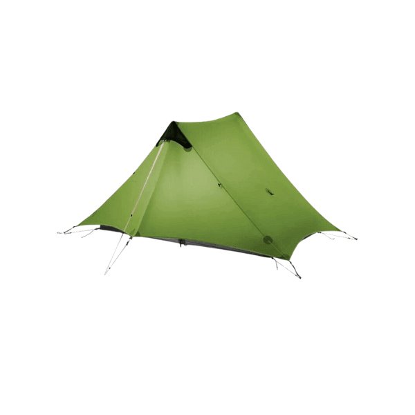 2-person ultralight camping tent for backpacking, featuring easy setup, green color, and included wind ropes and stakes for stabilization