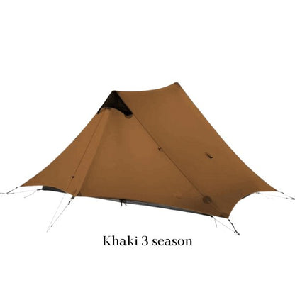 Khaki 3-season ultralight 2-person backpacking tent with innovative hook system for easy setup and high-quality zippers and built-in pockets.