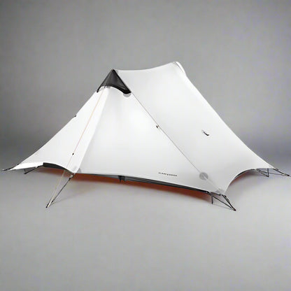 Ultralight gray 3-season 2-person tent for backpacking with trekking poles and easy setup. Best lightweight two-person camping tent.