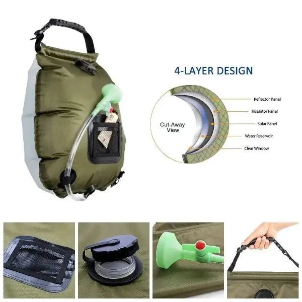 20L Portable Camping Shower Bag with shower head and 4-layer design, featuring an upgraded solar panel for efficient heating and a built-in thermometer