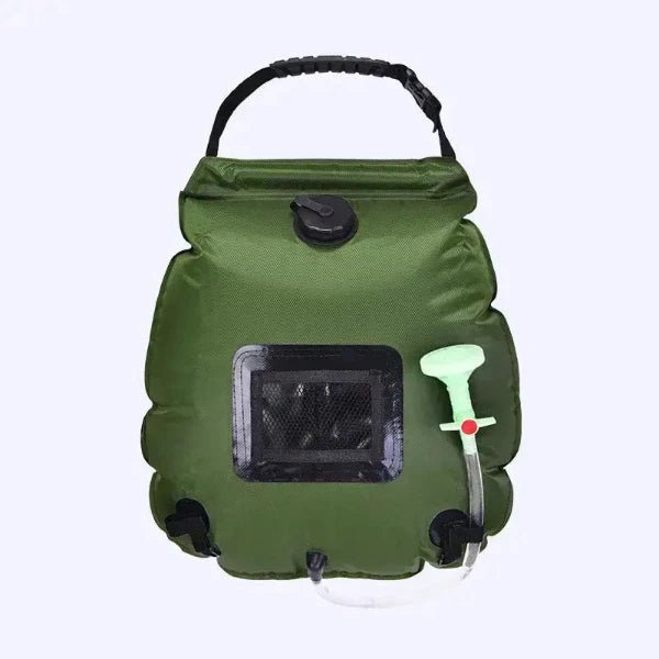 20L portable solar shower bag with shower head for camping, outdoor solar shower kit in green, made of durable, high-quality PVC material