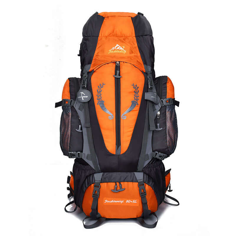 Large orange hiking backpack, 55-75L capacity, ultralight, durable, waterproof, with waist and luggage straps for travel and camping.