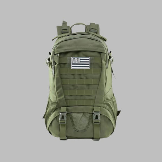 35L Tactical Military Backpack in olive green color with American flag patch, featuring durable straps and versatile storage compartments.