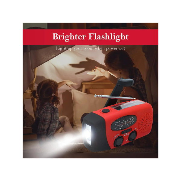  Red radio with antenna, hand crank, flashlight, solar charging, tent background with mother and daughter.