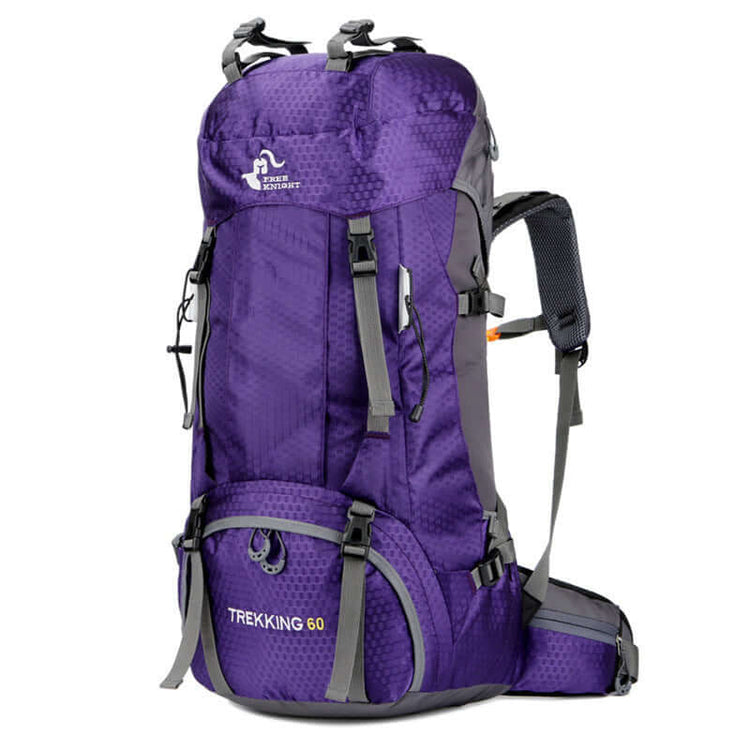 Purple 60L hiking backpack for women with water-resistant nylon, ideal for travel and day hiking, featuring durable straps and rain cover.