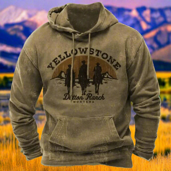Brown hoodie with the Yellowstone Dutton Ranch logo on a white background