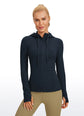 sweatshirt for women with zip-up design and thumb holes, shown in sleek black, ideal for athletic running and rain protection.
