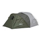 Green backpacking tent with integrated stove jack, displayed on a white background. Offers comfort and protection in all seasons