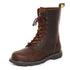 Brown Leather Lace Up hiking Boot with Red Laces and Yellow Pull Tab.