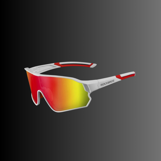 Polarized Glasses, white and red frame, colorful polarized lenses, black background