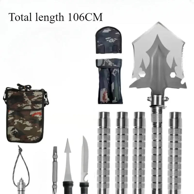 Multifunctional camping shovel tools with carrying case, total length 106CM, versatile for outdoor activities.