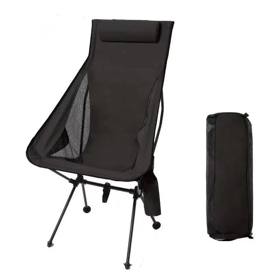 Black folding camping chair with small pocket and chair bag, lightweight and sturdy for all outdoor adventures.