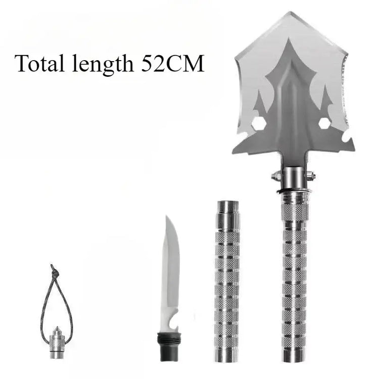 Multifunctional camping shovel with a 52CM total length, made of high-strength carbon steel, ideal for outdoor survival.