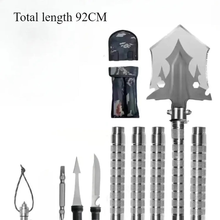 92CM multifunctional camping shovel set, includes folding shovel, tools, and carrying pouch for outdoor survival.