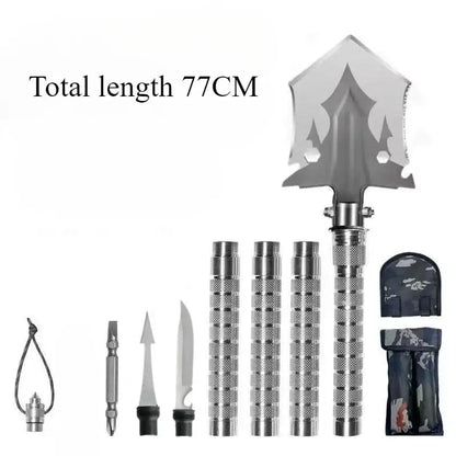 Multifunctional camping shovel set with various attachments, total length 77CM, made from durable high-strength steel.