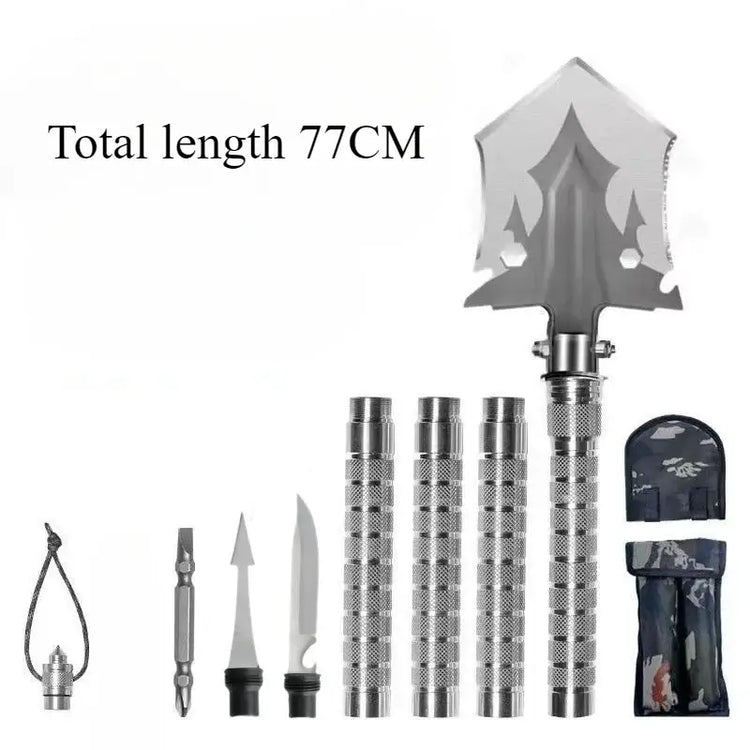 Multifunctional camping shovel set with various attachments, total length 77CM, made from durable high-strength steel.
