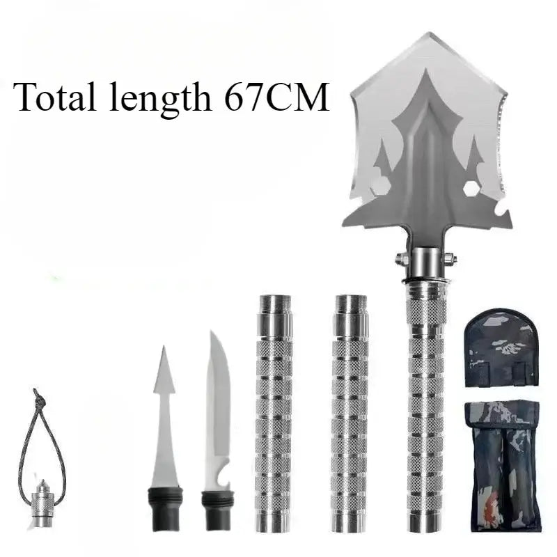 Multifunctional camping shovel set with adjustable 67CM total length, including shovel, knife, and carrying case.