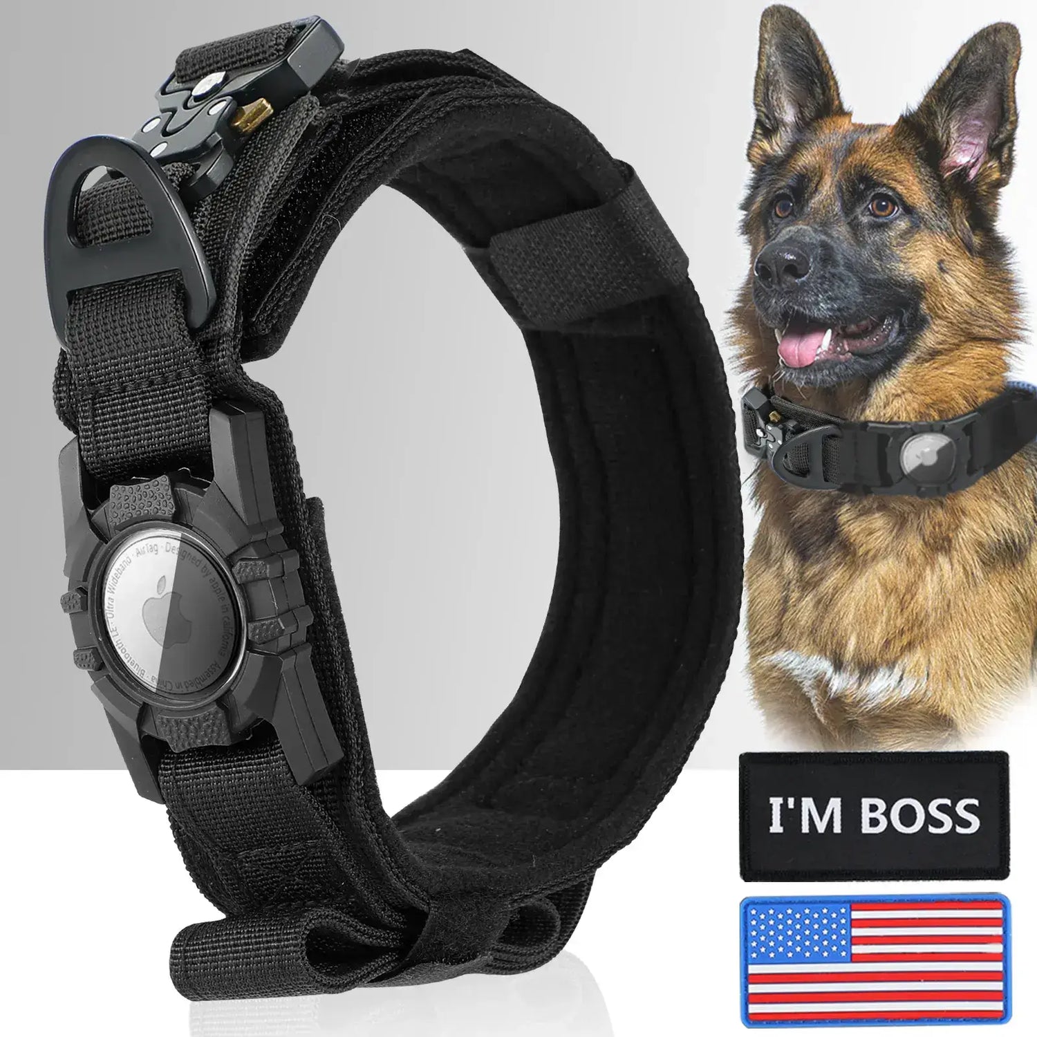 Tactical dog tracking collar by jimboree2020 on German Shepherd with durable nylon and AirTag fixing sleeve, includes "I&