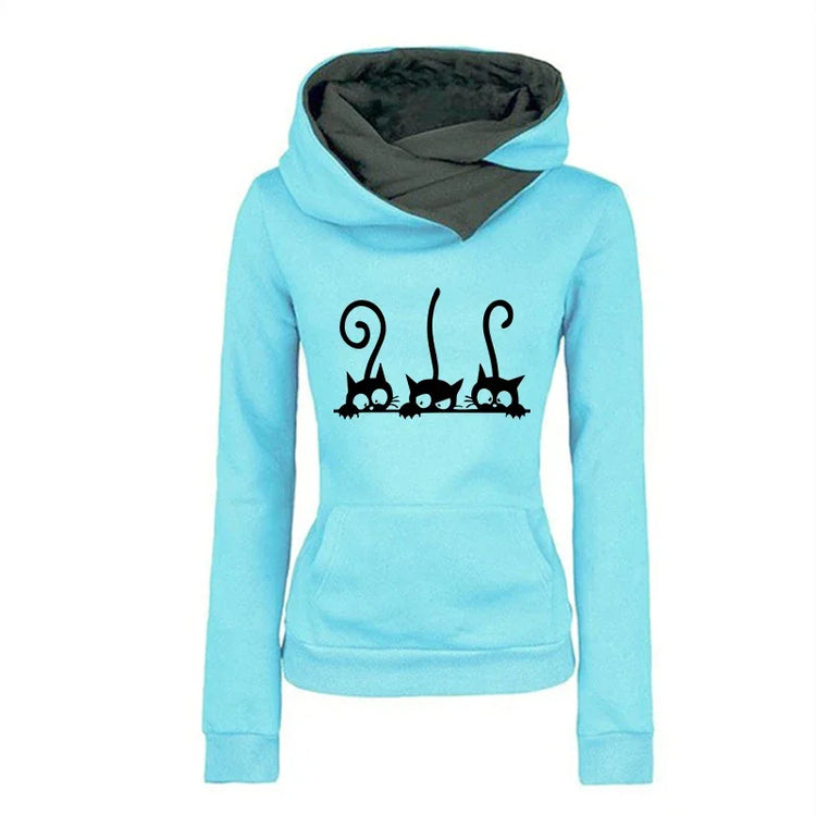 Blue hooded sweatshirt featuring a playful black cat! Cozy & cute essential
