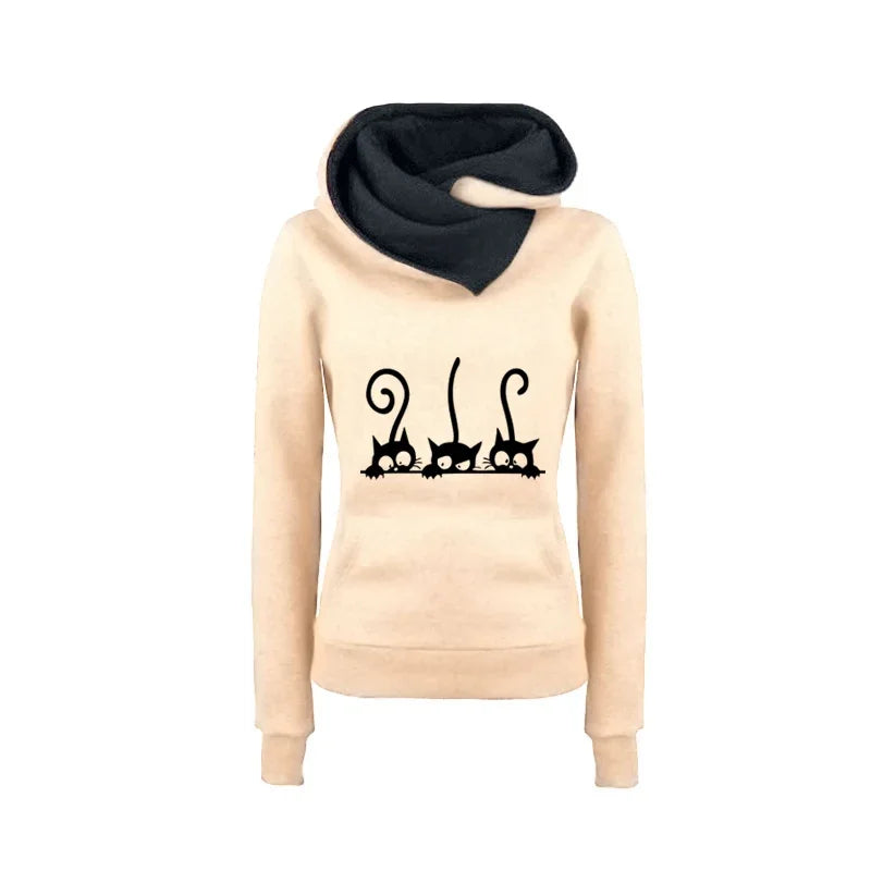  khaki hooded sweatshirt is decorated with a playful design of three black cats.