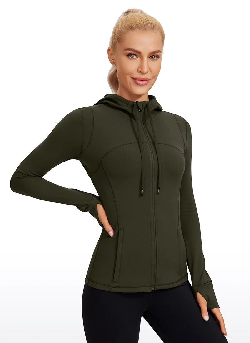 zip hoodie women in olive green, sleek design with zip-up front, thumb holes, and back mesh vent.