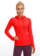 zip-up hoodie women in red, featuring a zip-up design, thumb holes, and breathable fabric for athletic performance and comfort.