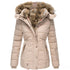 Stylish beige winter jacket for women with faux fur hood, perfect for extreme cold and wet weather.