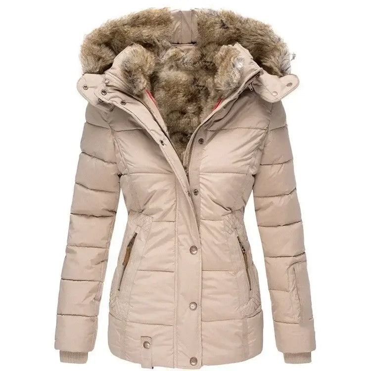 Stylish beige winter jacket for women with faux fur hood, perfect for extreme cold and wet weather.