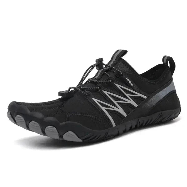 Black unisex barefoot water shoes with elastic quick dry upper and wear-resistant sole for trail running, gym, tennis, and minimalist running.