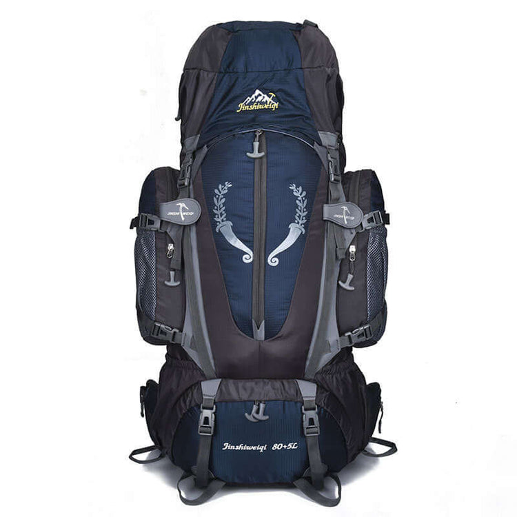 Large black and blue lightweight hiking backpack with multiple straps and pockets, suitable for camping and travel.