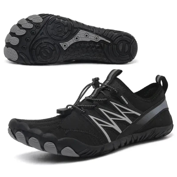 Black unisex barefoot water shoes with elastic quick dry upper and soft wear-resistant sole, ideal for trail running and gym workouts.