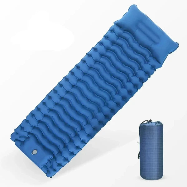 Blue camping sleeping pad with built-in inflator pump, 74.8 x 22.8 inches (190 x 58 cm), rolled and unrolled views, hiking sleeping mat