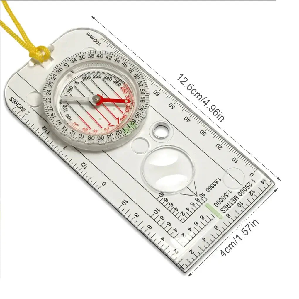 Professional portable military compass with ruler, bubble level, and magnifying lens for precise navigation and map reading.