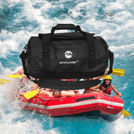 Black waterproof duffel bag with water-resistant fabric floating above a rafting scene, perfect for outdoor adventures.