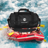 Black waterproof duffel bag with water-resistant fabric floating above a rafting scene, perfect for outdoor adventures.