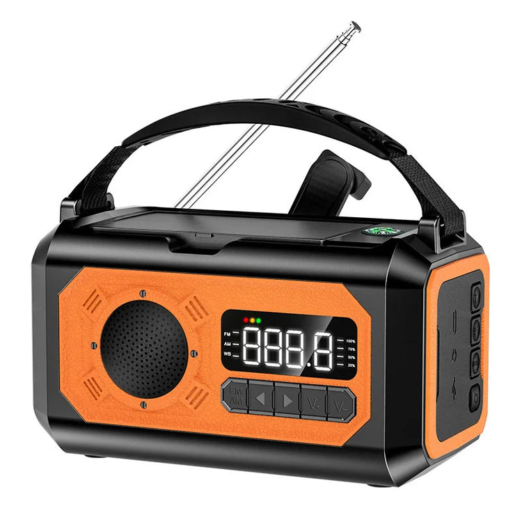 Orange radio with antenna, solar, electric, and hand crank charging, holding strap, white background.