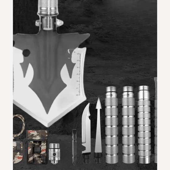 Multifunctional camping shovel with tools, including a folding shovel, knife, and accessories, designed for outdoor survival.